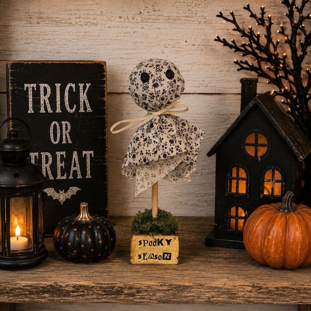 Handmade Primitive Floral Fabric Ghost Spooky Season Wood Block Decor 8.5"